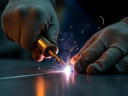 A welder applying a finishing touch to a metal joint.